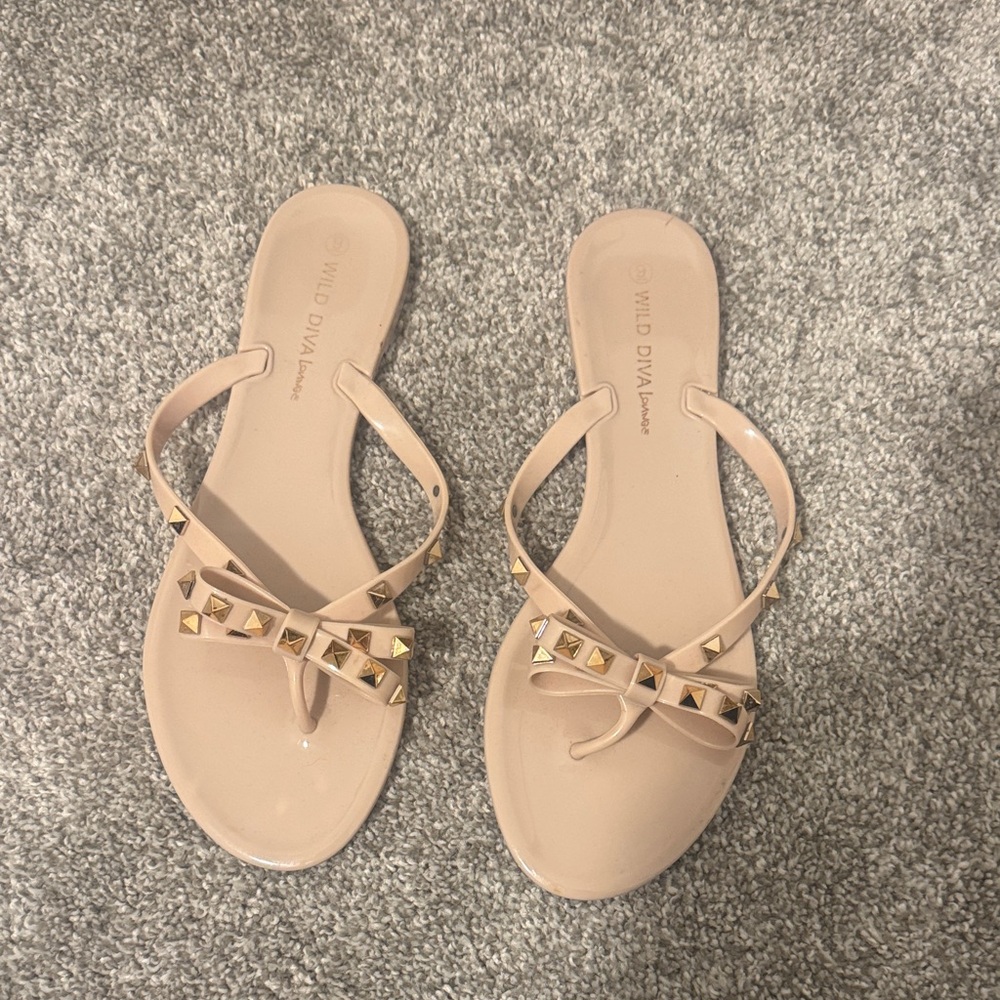 Wild Diva Beige Sandals with Gold Studs